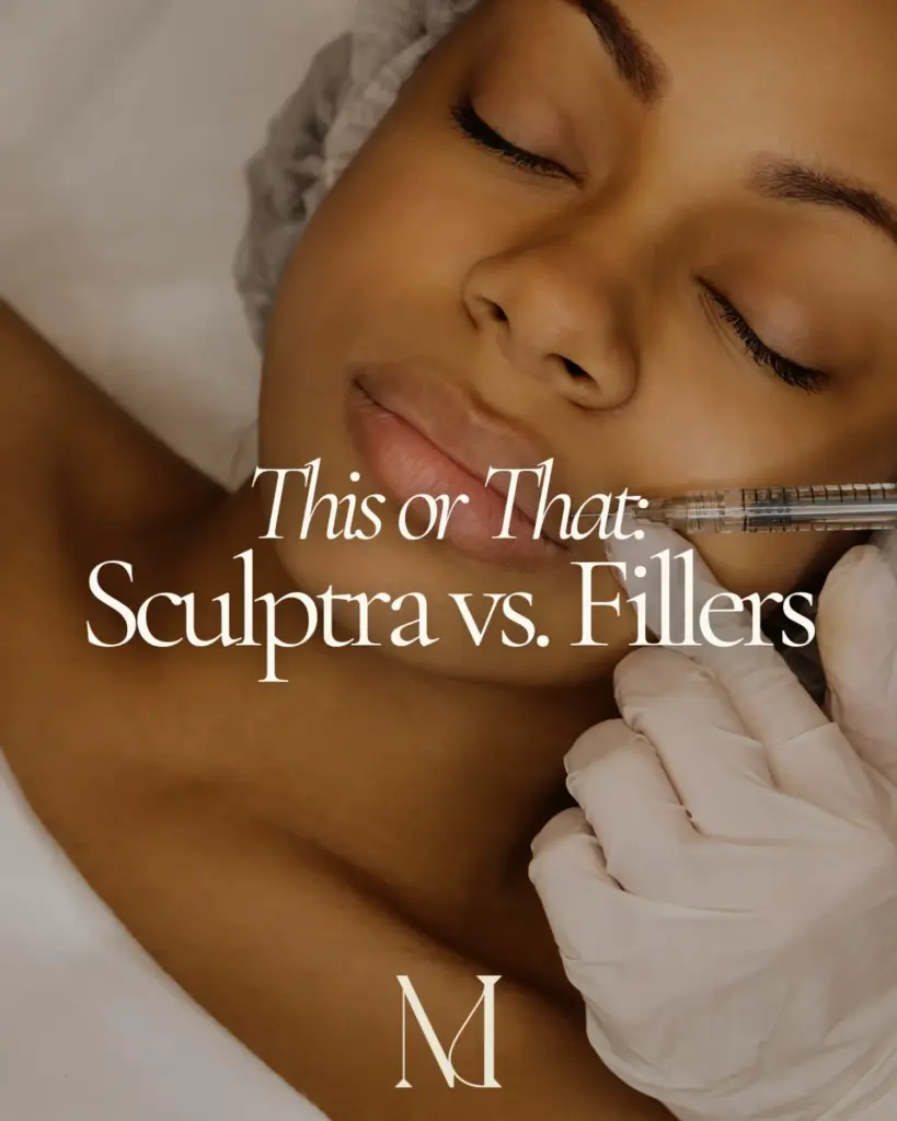 Sculptra vs fillers educational graphic with woman getting injections | Medical Spa | Edinburg, TX | Marée Aesthetics